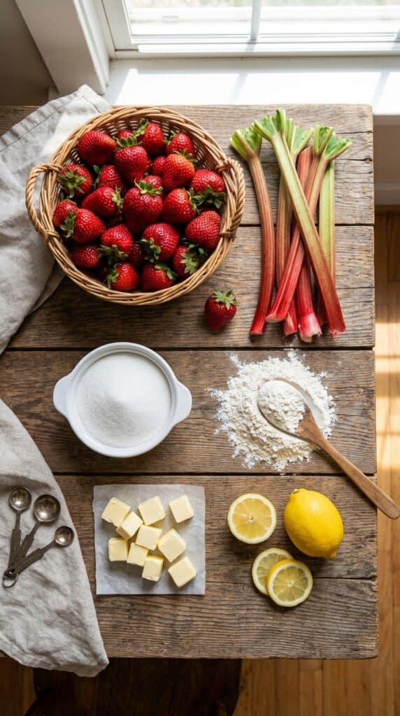 A flat lay showing fresh strawberries, rhubarb stalks, sugar, flour, and butter on a wooden table.