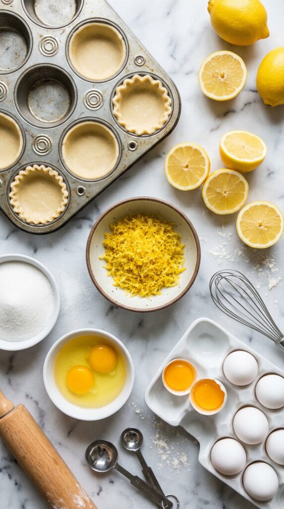 A flat lay showing a muffin tin with dough, fresh lemons, eggs, and sugar on a marble table.