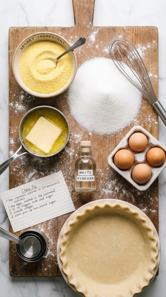 A flat lay showing cornmeal, sugar, butter, eggs, vinegar, and a pie crust on a wooden board.