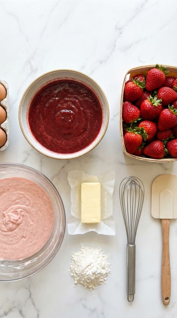 A flat lay showing strawberry puree, fresh strawberries, pink batter, butter, and flour on a marble board.