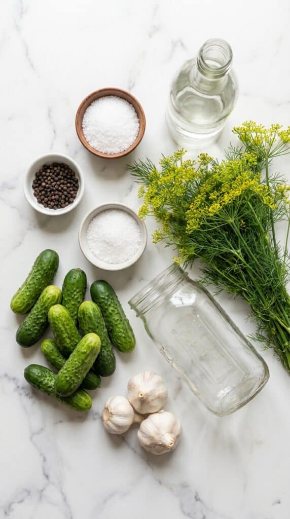 A flat lay showing pickling cucumbers, fresh dill, garlic, peppercorns, salt, and vinegar on a marble surface.