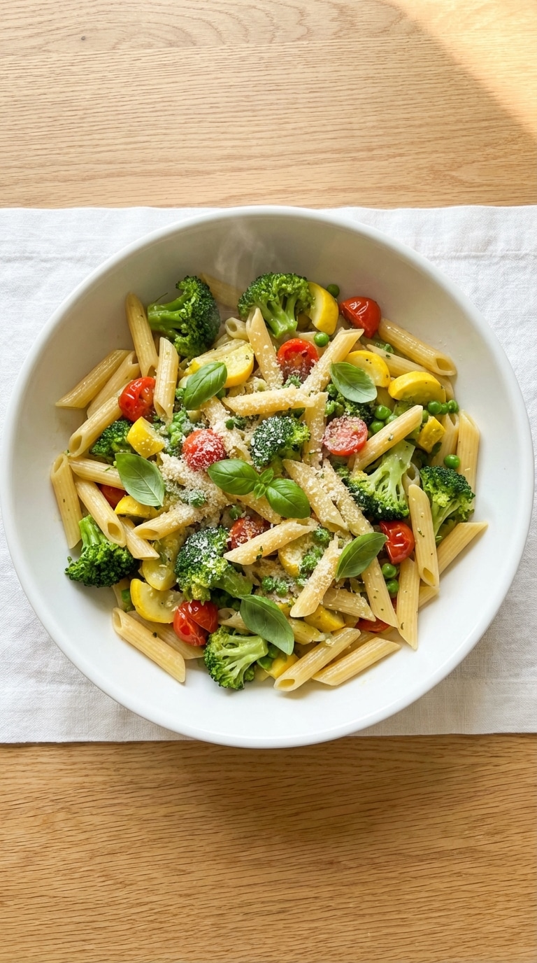 A top-down view of a large white bowl filled with penne pasta and vibrant spring vegetables in a light garlic parmesan sauce.
