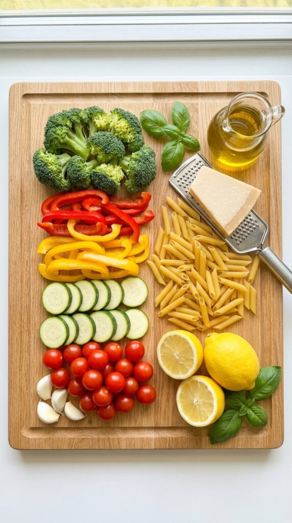 A flat lay showing raw colorful vegetables including broccoli, tomatoes, and bell peppers, alongside dry penne pasta, lemons, parmesan cheese, and olive oil on a wooden board.
