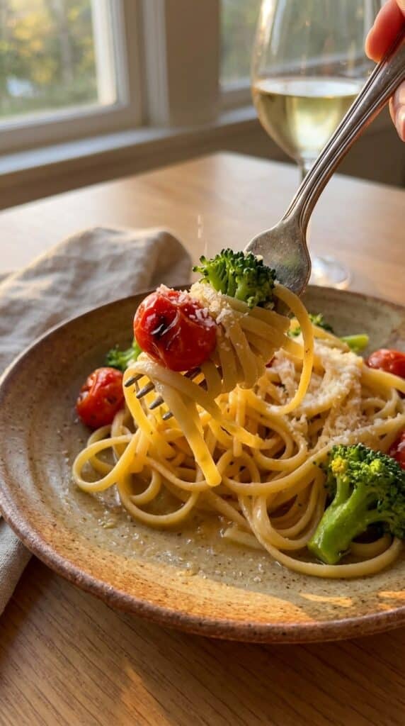 A close-up of a fork lifting a bite of creamy pasta primavera with a cherry tomato and broccoli floret, with a glass of wine in the background.