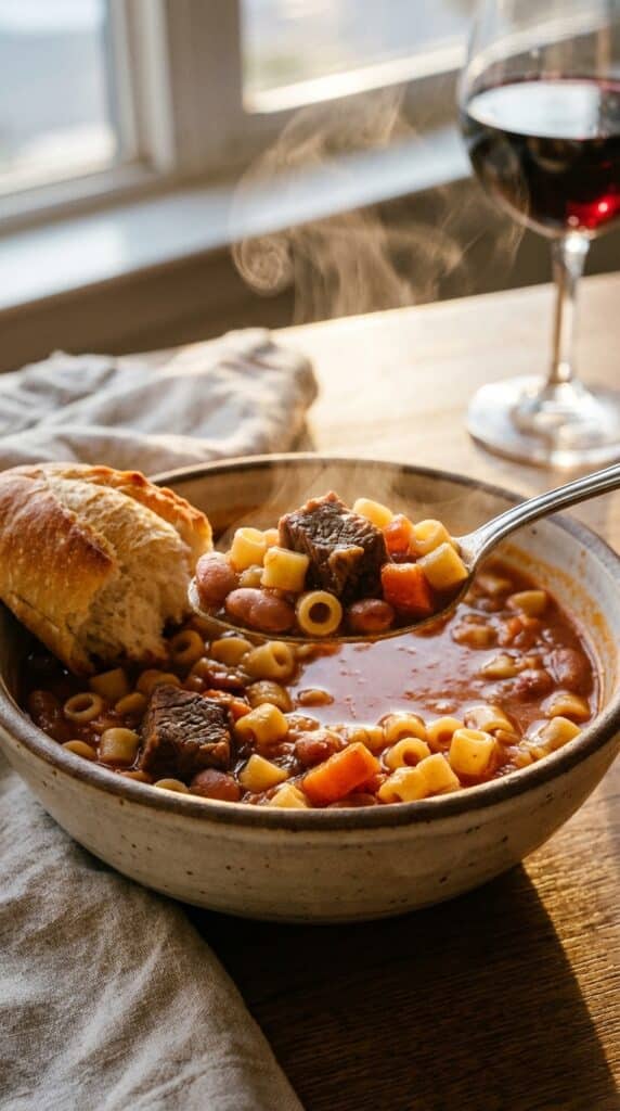 A close-up of a spoon lifting a bite of pasta e fagioli soup with bread on the side.