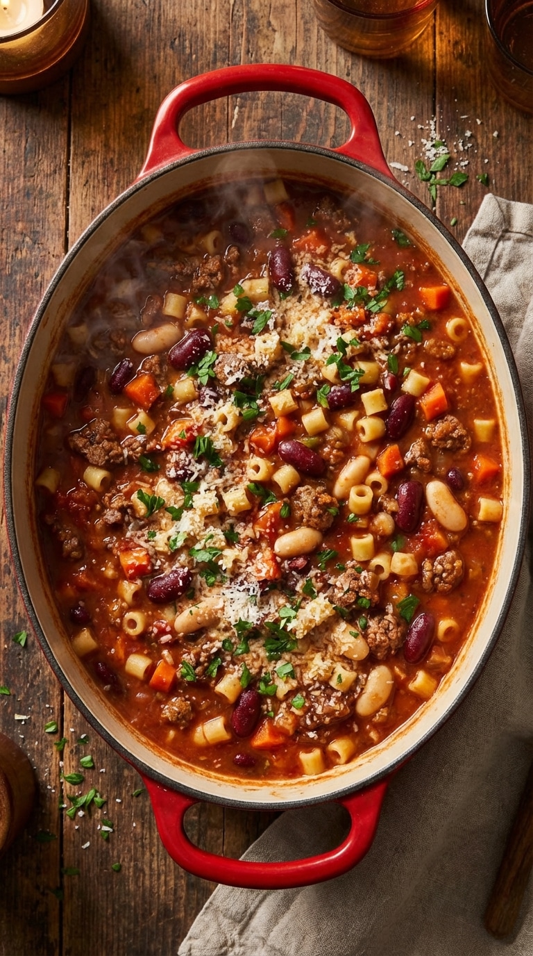 A top-down view of a Dutch oven filled with thick pasta e fagioli soup containing beef, beans, and pasta.