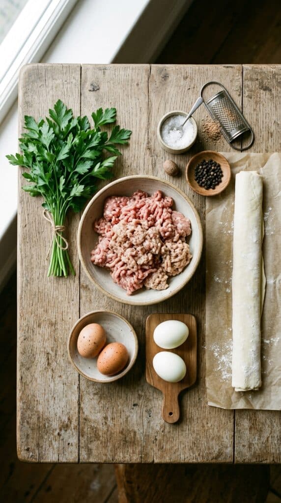 Vue de dessus des ingrédients du Pâté Berrichon : viande hachée, œufs durs, pâte feuilletée, persil frais et épices sur une table en bois.