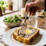 Gros plan d'une fourchette coupant une part de Pâté de Pâques servi à l'assiette avec une salade verte.