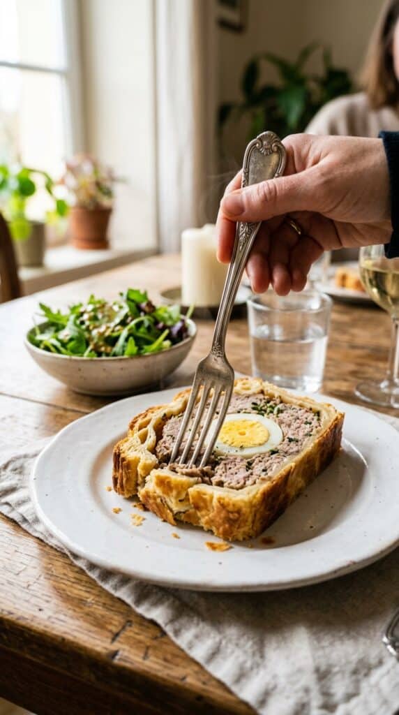 Gros plan d'une fourchette coupant une part de Pâté de Pâques servi à l'assiette avec une salade verte.