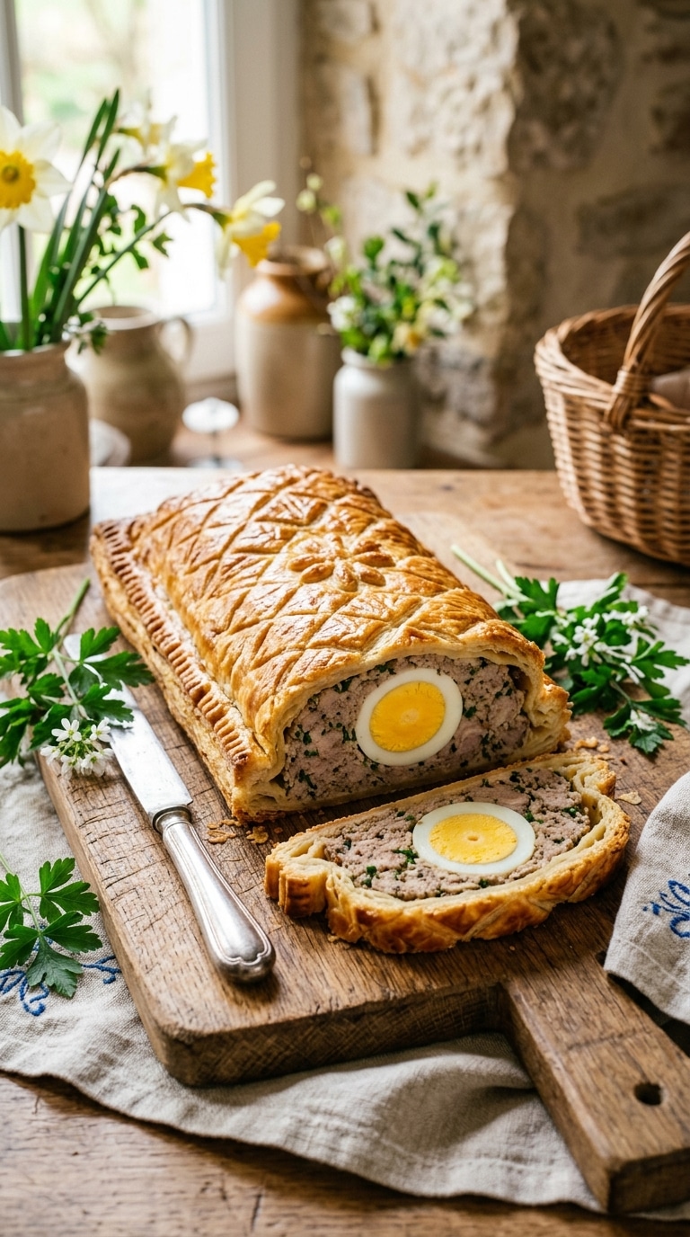 Un Pâté de Pâques berrichon doré avec une part coupée révélant un œuf dur à l'intérieur, sur une planche en bois.