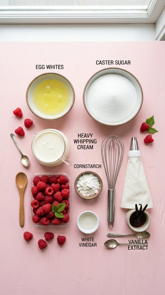 Overhead flat lay of baking ingredients: egg whites, sugar, heavy cream, and fresh raspberries with a whisk.