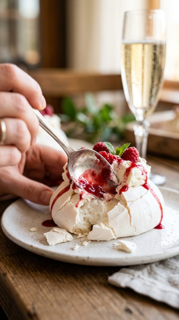 Close-up of a spoon cracking into a crisp mini pavlova, showing the soft marshmallow center, whipped cream, and red raspberry sauce.