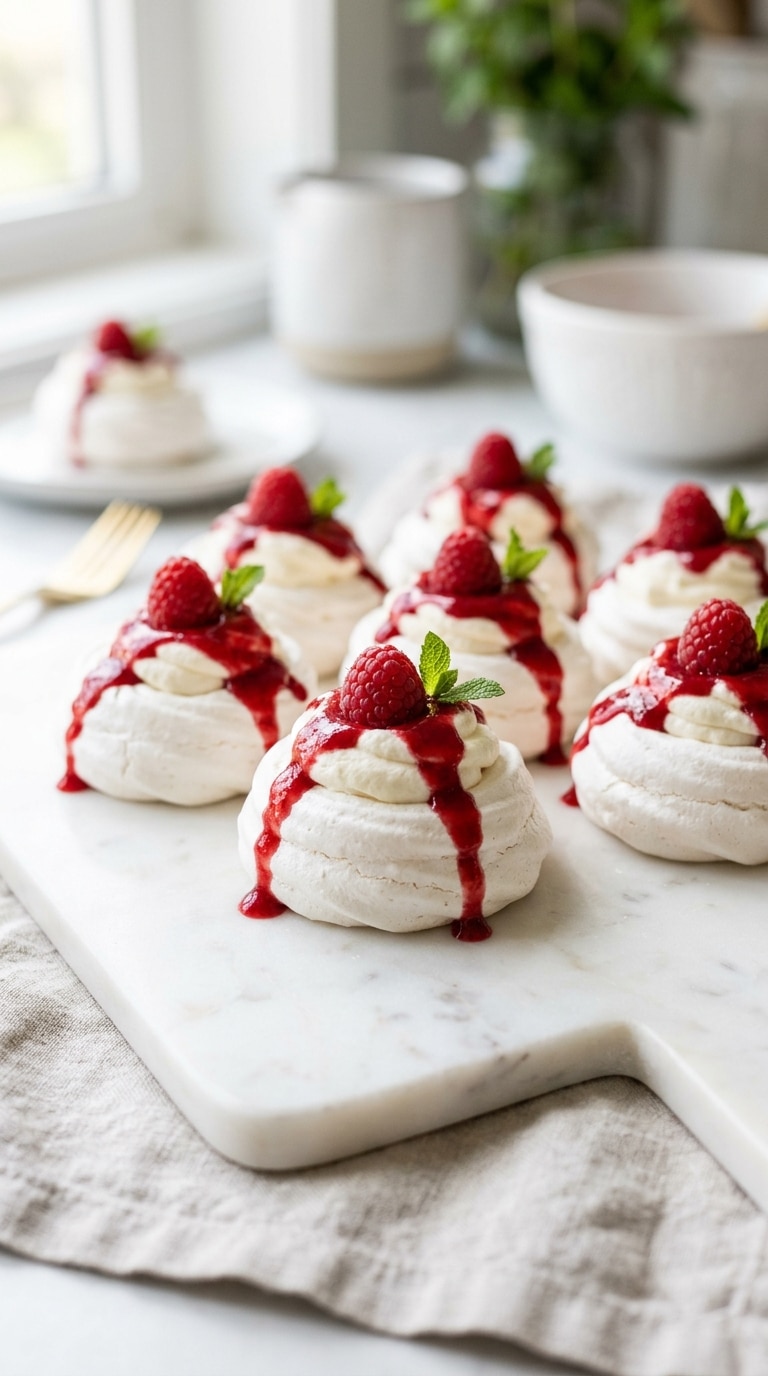 A tray of mini white meringue pavlovas filled with whipped cream and drizzled with bright red raspberry sauce.