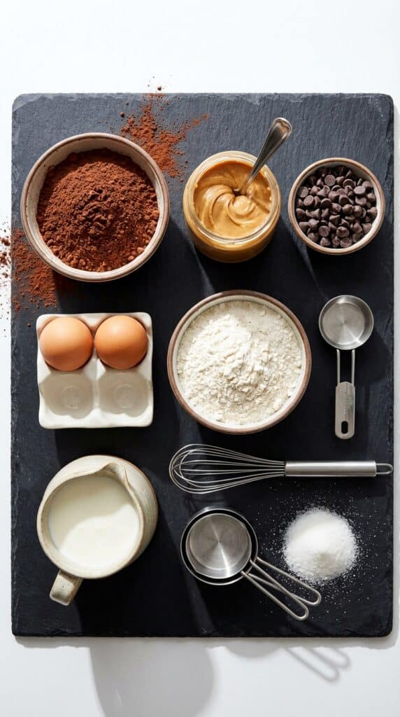 A flat lay showing cocoa powder, peanut butter, chocolate chips, flour, and eggs on a dark surface.