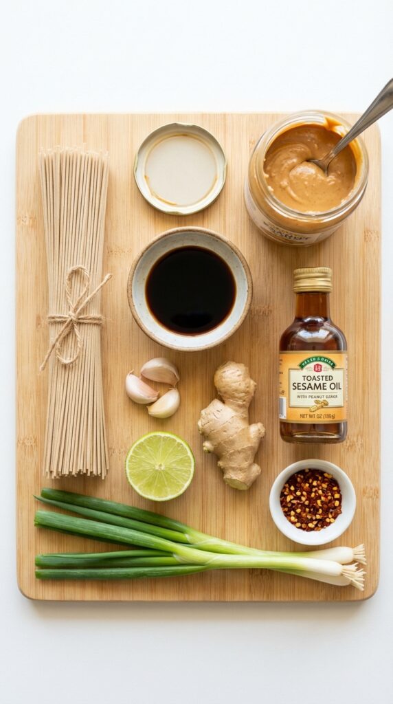 A flat lay showing dry noodles, peanut butter, soy sauce, lime, garlic, ginger, and green onions on a wooden board.
