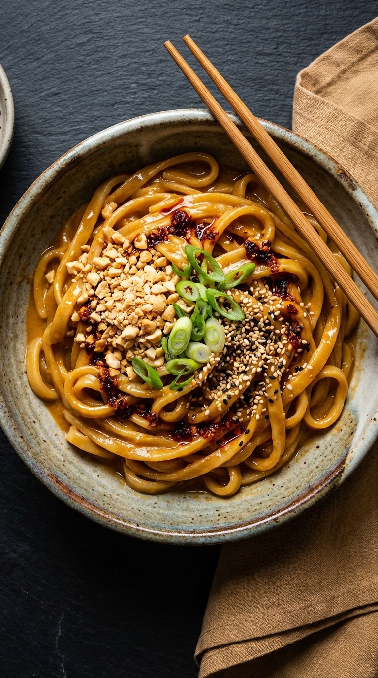 A top-down view of a ceramic bowl filled with creamy peanut noodles, garnished with crushed peanuts, green onions, and chili oil.