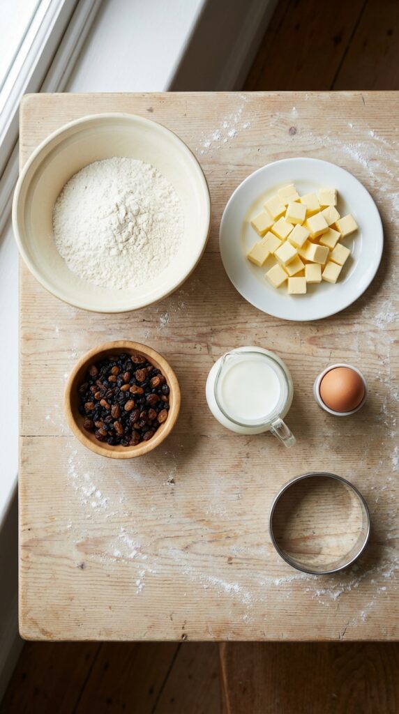An overhead flat lay of baking ingredients for scones, including flour, cubed cold butter, dried fruit, milk, an egg, and a pastry cutter on a floured wooden board.