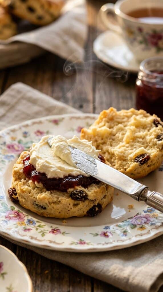 A close-up of a warm, split fruit scone being spread with thick clotted cream and strawberry jam, with steam rising from the crumbly center.