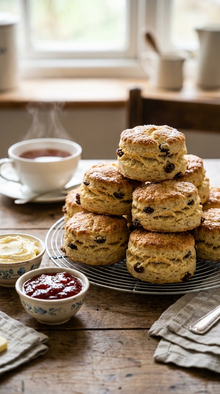 A stack of freshly baked, golden fruit scones on a wire rack next to bowls of clotted cream and strawberry jam, with a cup of tea in the background.