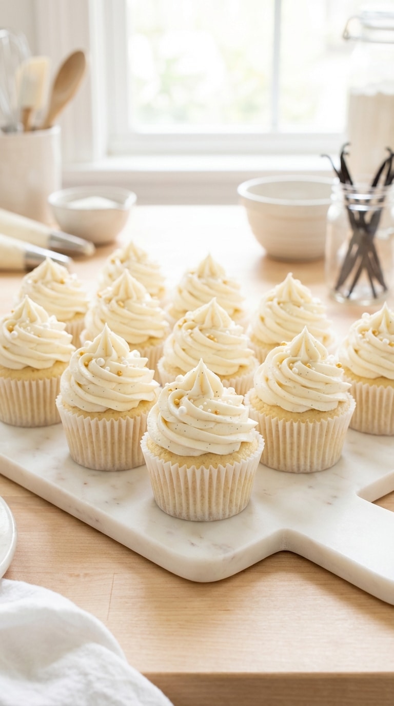 A batch of freshly baked vanilla cupcakes topped with tall swirls of vanilla bean buttercream and gold sprinkles on a marble board.