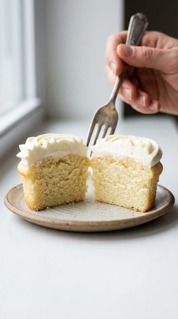 A close-up cross-section of a vanilla cupcake cut in half, showing a fluffy moist crumb and thick buttercream frosting.