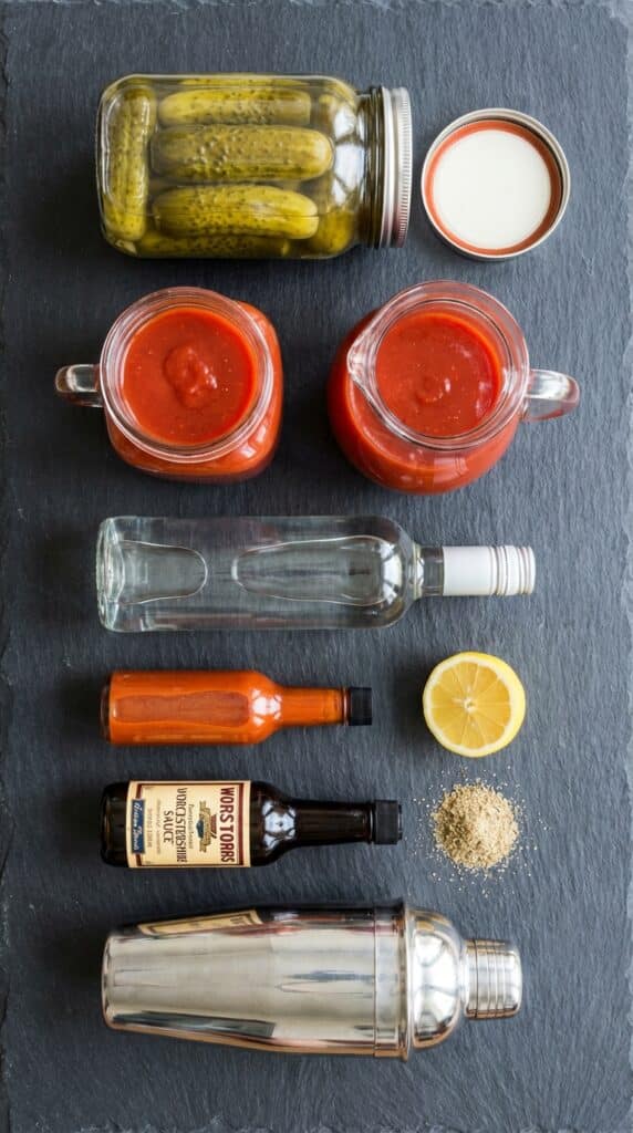 A flat lay showing a jar of pickles, vodka, tomato juice, hot sauce, and spices on a slate counter.