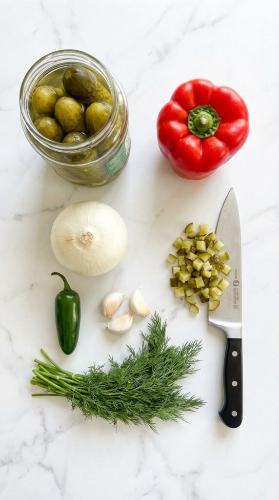 A flat lay showing a jar of pickles, red bell pepper, onion, jalapeño, garlic, and fresh dill on a marble surface