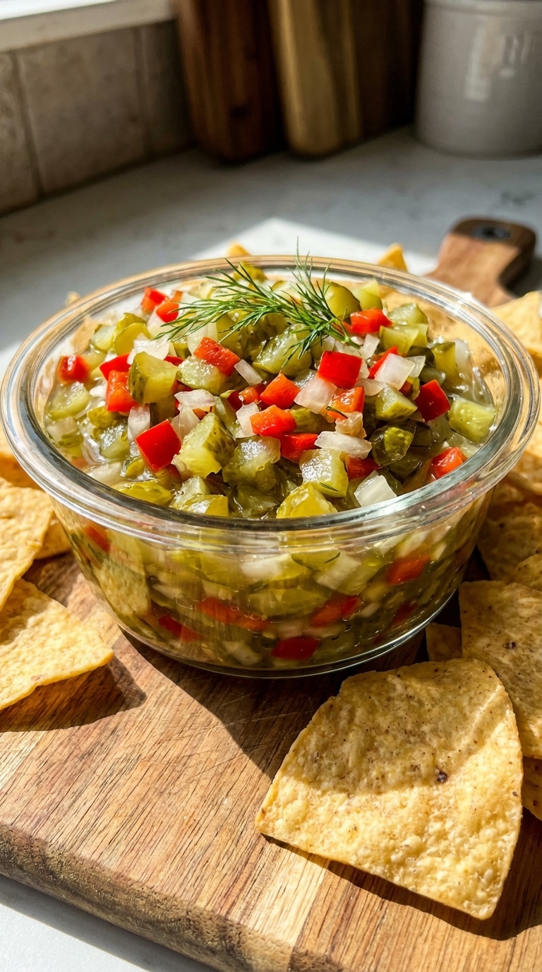 A glass bowl filled with chopped pickle salsa (Pickle de Gallo) featuring diced pickles, red peppers, and onions, served with tortilla chips.
