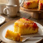 A close-up of a slice of pineapple upside-down cake on a plate with a fork.