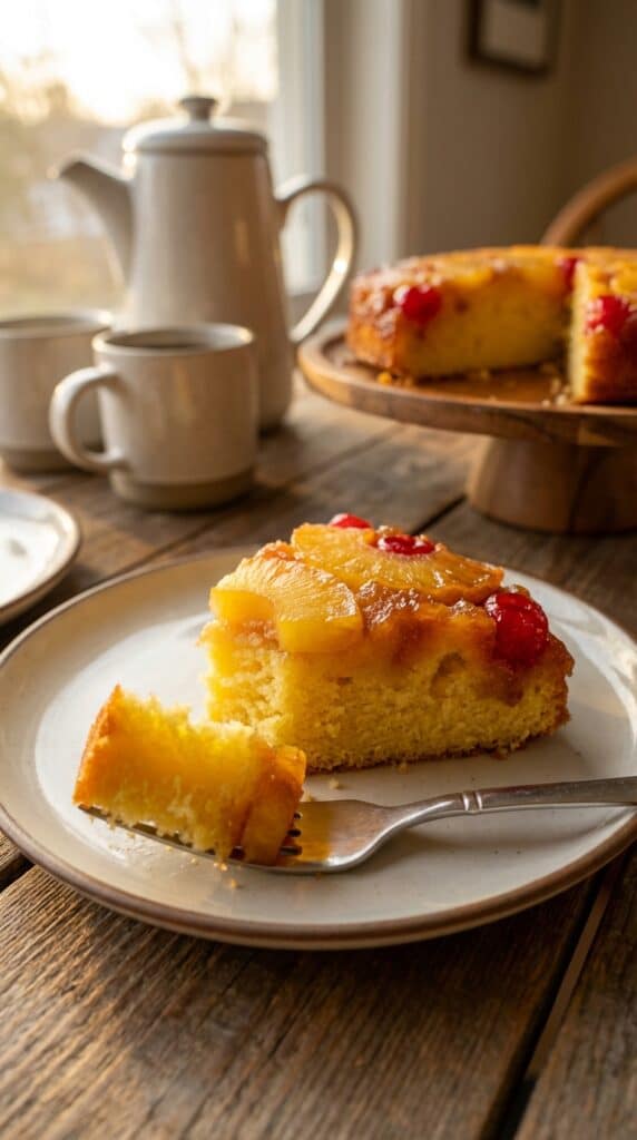 A close-up of a slice of pineapple upside-down cake on a plate with a fork.