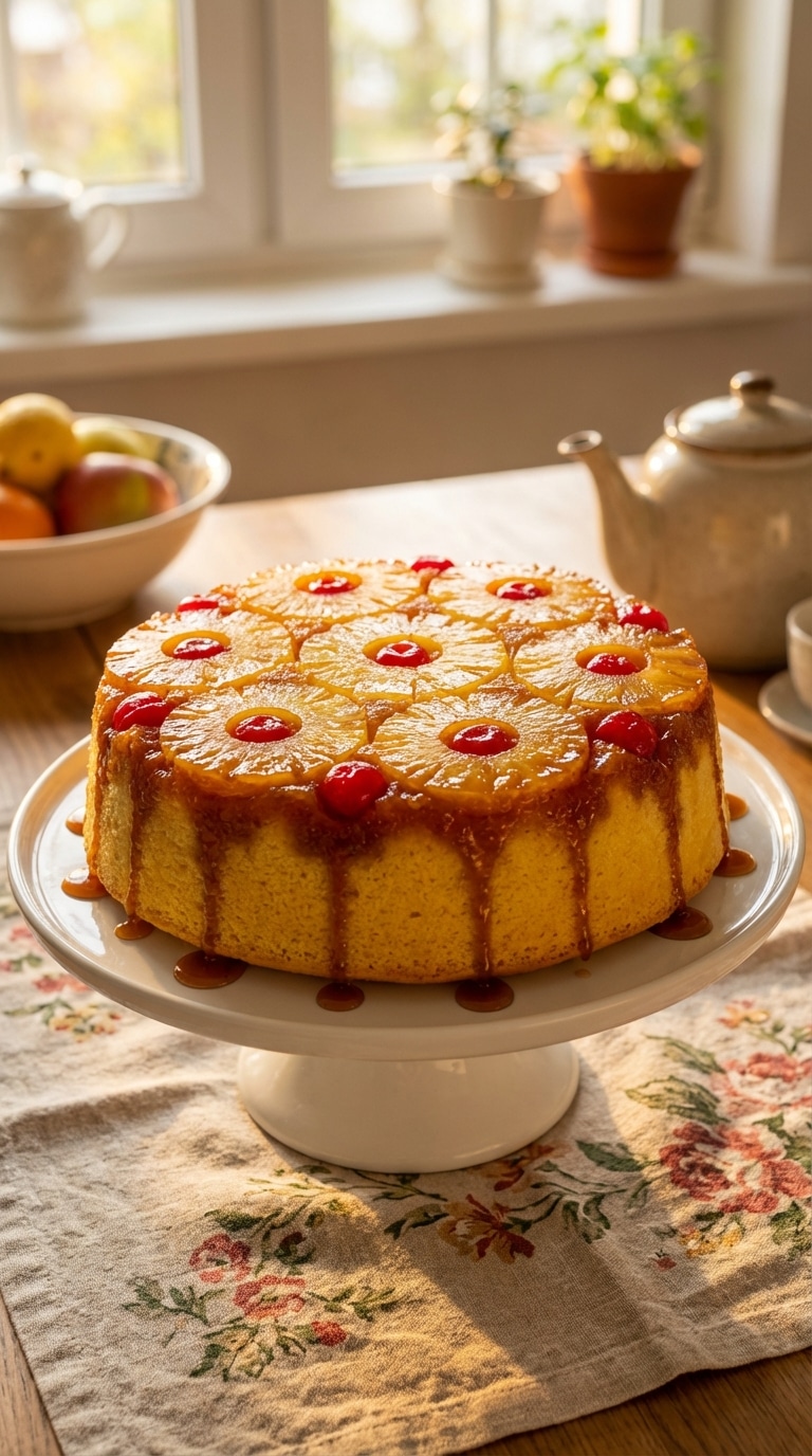 A whole pineapple upside-down cake on a stand, topped with caramelized pineapple rings and cherries.