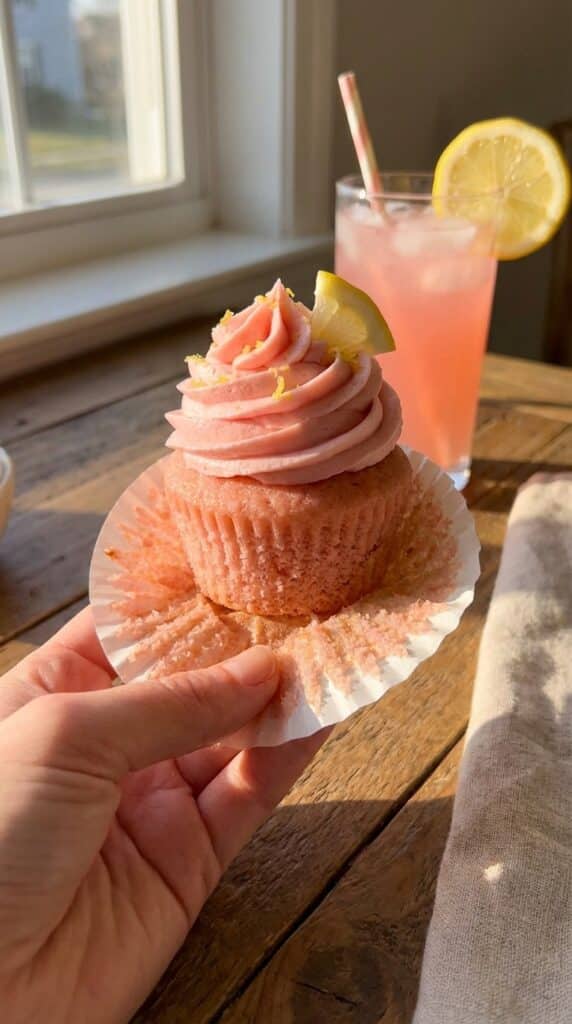 A close-up of a hand unwrapping a pink cupcake liner, revealing a moist pink cake crumb topped with pink frosting.