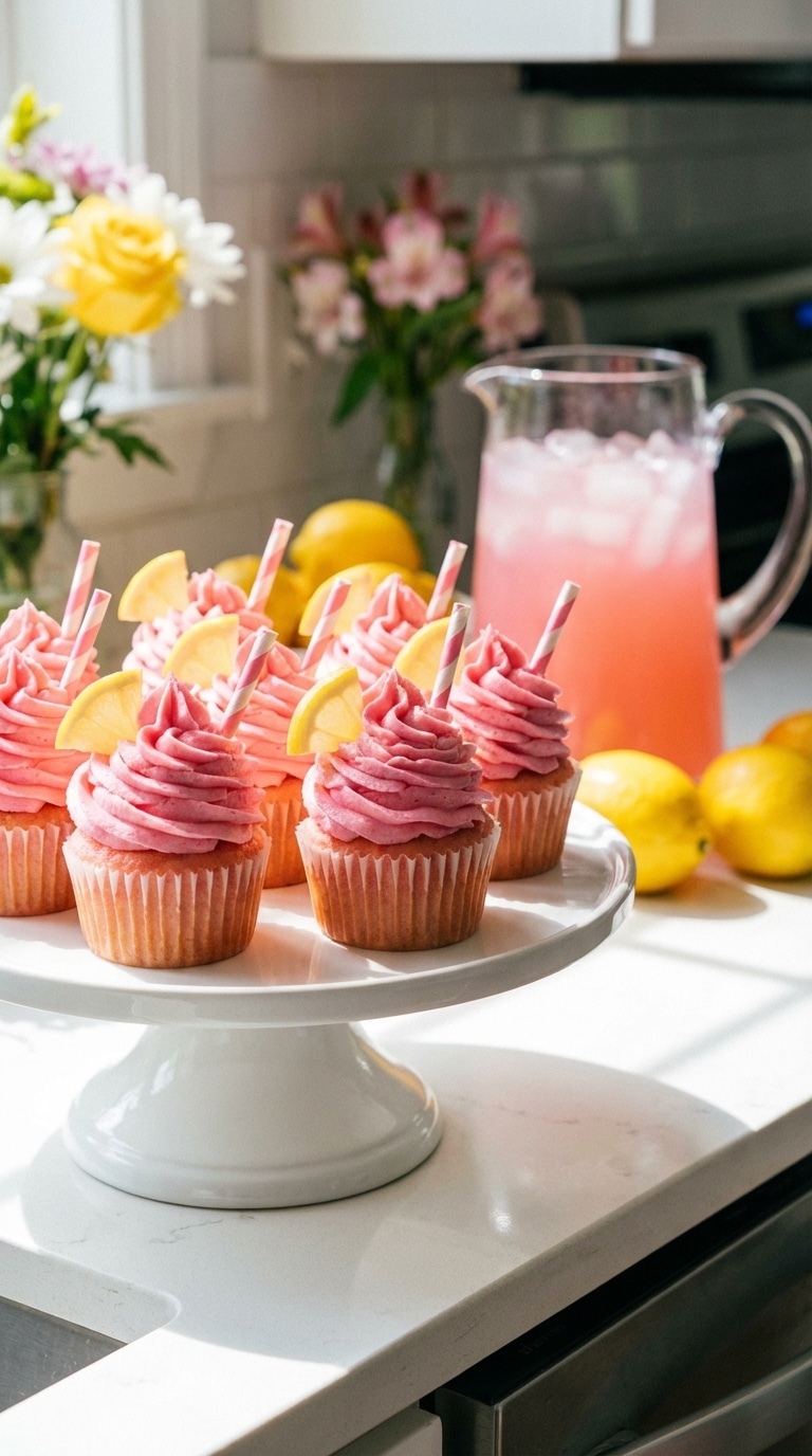 A cake stand filled with pink frosted cupcakes garnished with lemon wedges and striped paper straws.