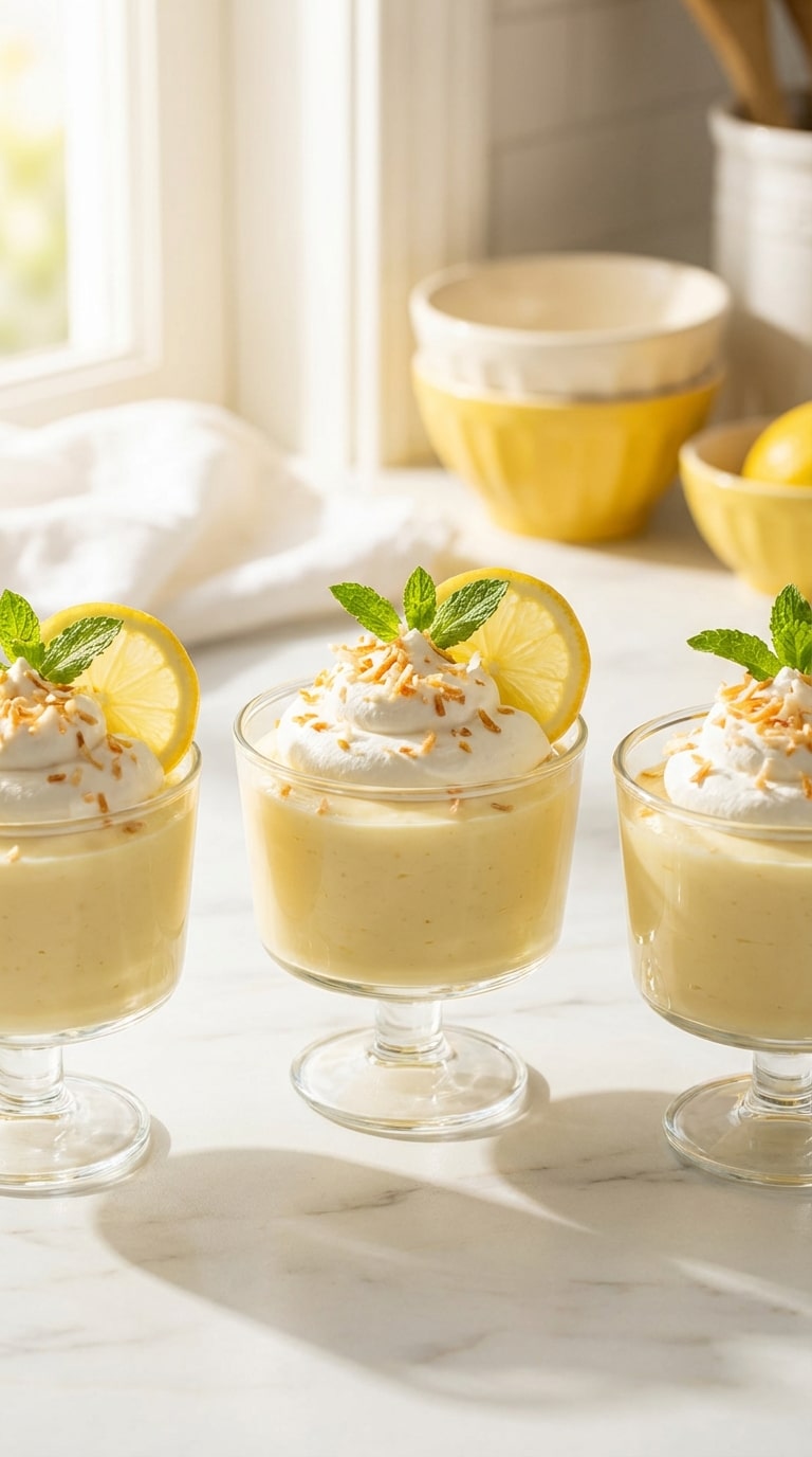 Three glass cups filled with yellow lemon pudding, topped with whipped cream and toasted coconut flakes on a marble counter.