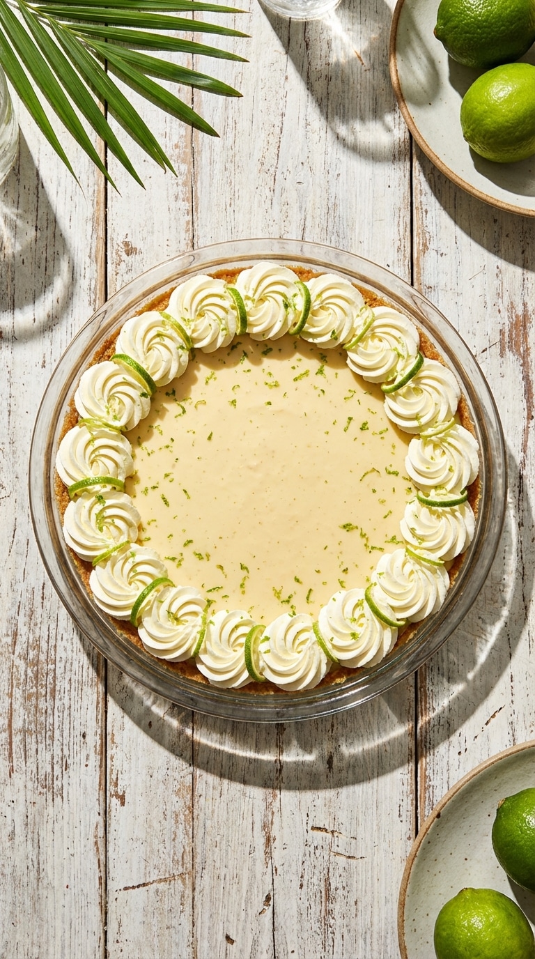 A whole key lime pie with a graham cracker crust, pale yellow filling, whipped cream border, and fresh lime slices on a white table.