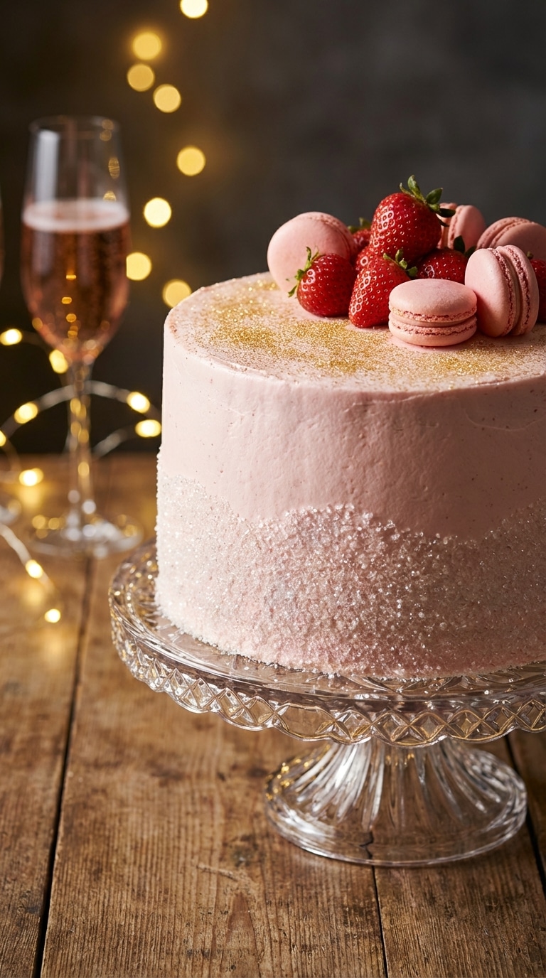 A three-layer pink strawberry cake covered in edible glitter and sparkling sugar on a crystal stand.