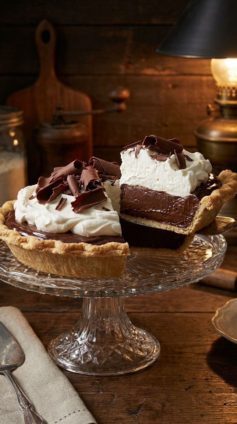 A whole chocolate cream pie with a slice removed, showing the dark chocolate pudding filling and high whipped cream topping.