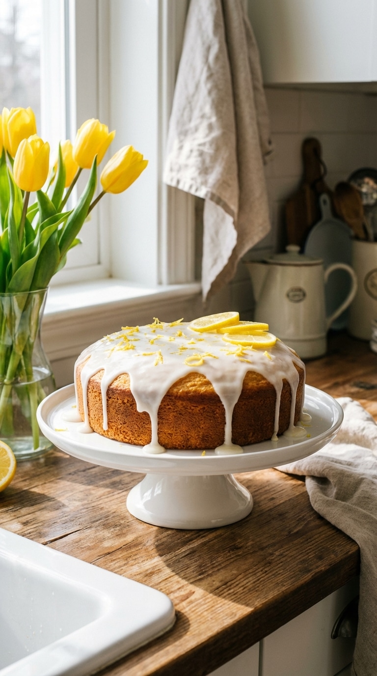 A whole loaf of lemon pound cake on a stand, covered in thick white glaze and lemon zest.