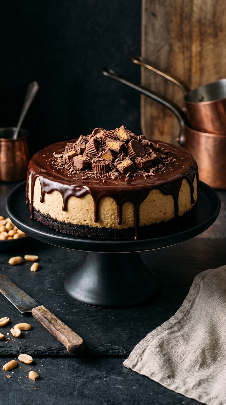 A whole peanut butter cheesecake on a stand, covered in chocolate ganache and chopped peanut butter cups.