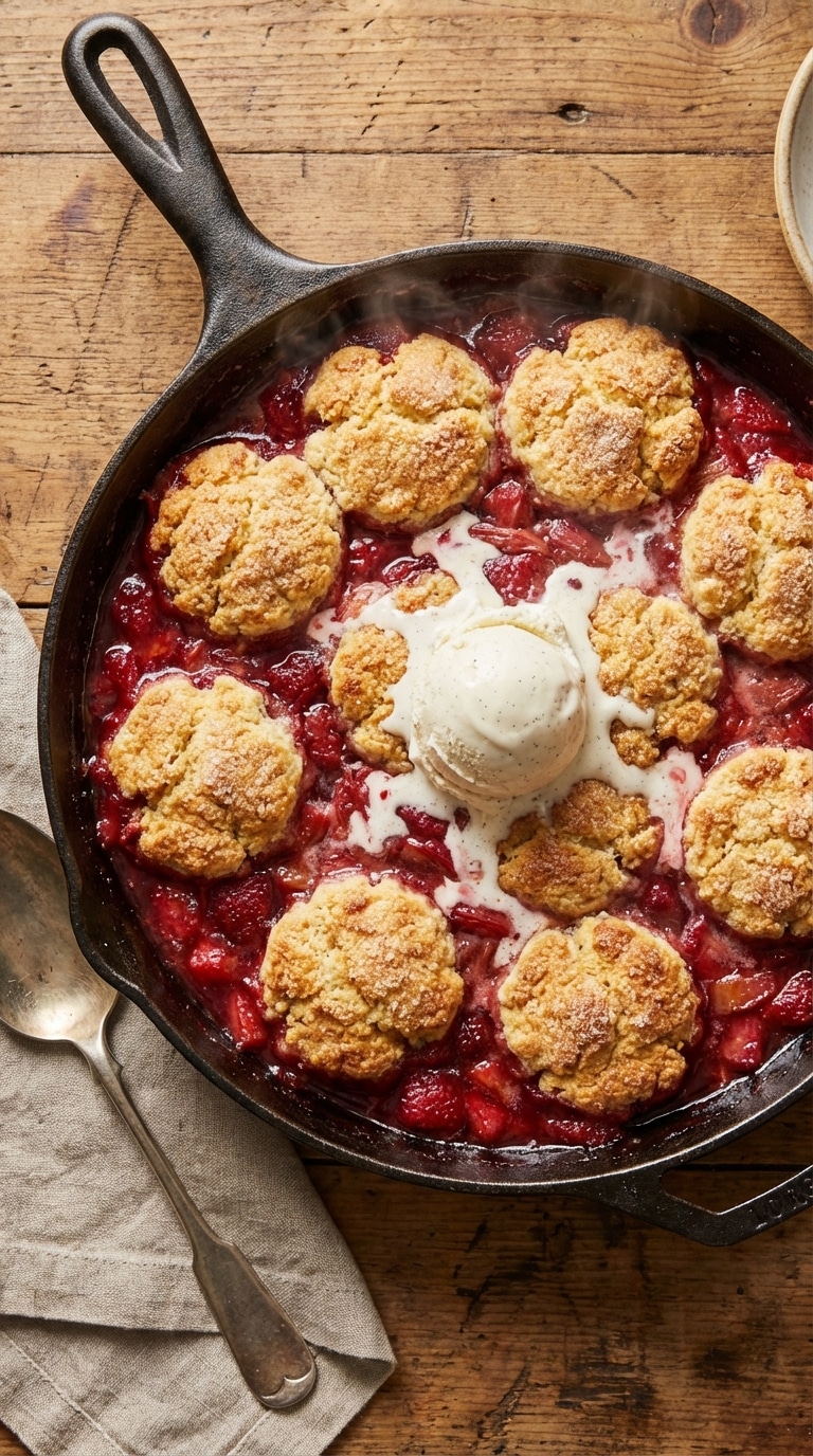 A top-down view of a cast iron skillet filled with strawberry rhubarb cobbler with melting vanilla ice cream.