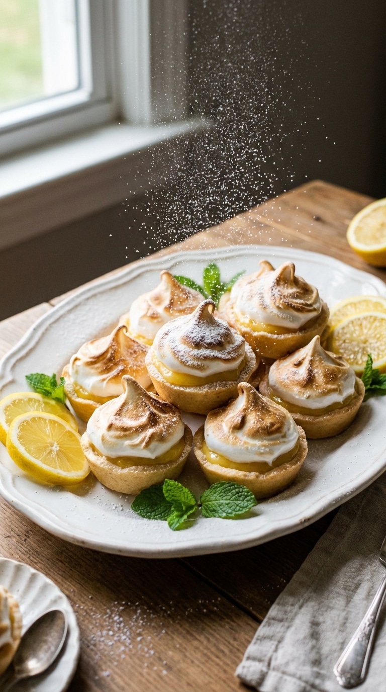 A platter of mini lemon meringue pies with toasted meringue toppings, garnished with fresh lemon slices and mint.