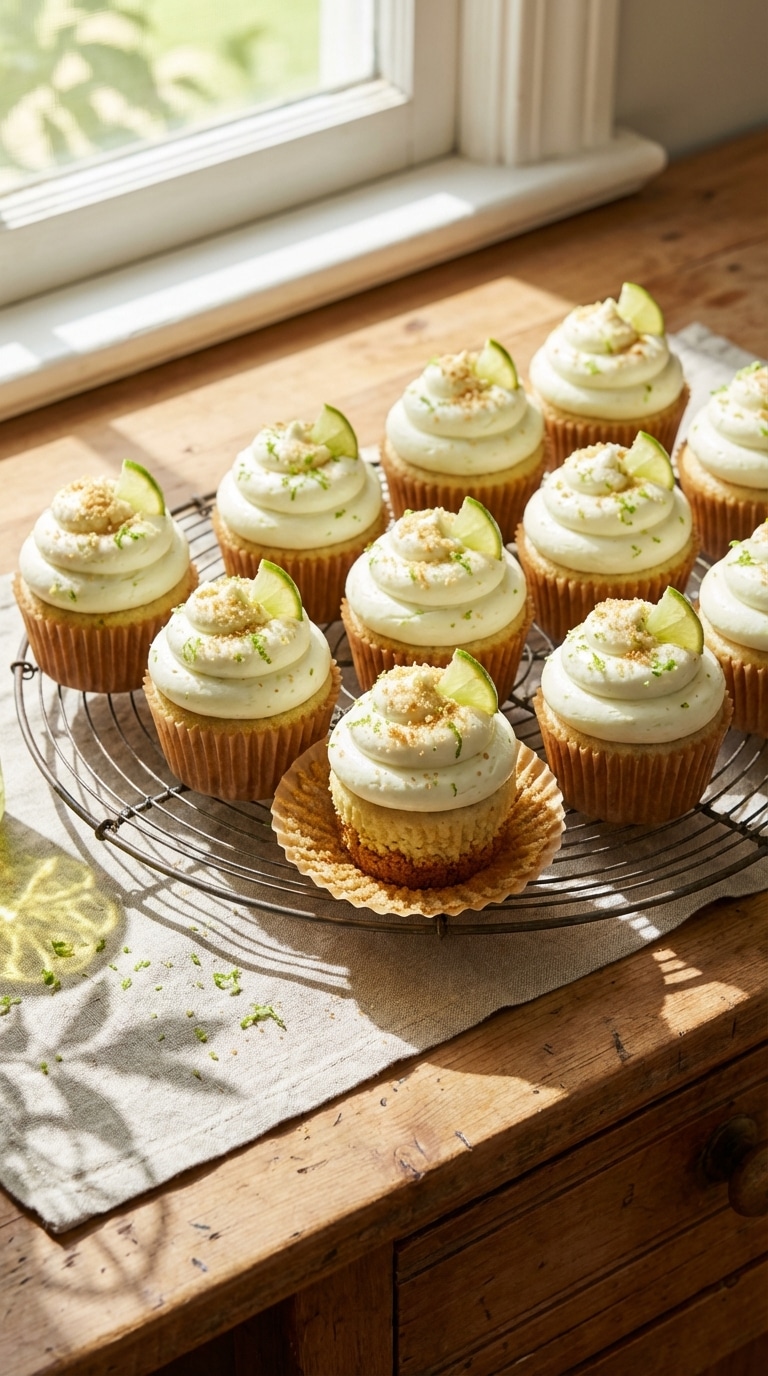 Key lime cupcakes with swirled frosting, lime wedges, and graham cracker crumbs on a cooling rack, showing the crust bottom.