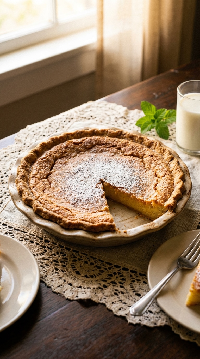 A whole golden-brown chess pie with a crackled top dusted with powdered sugar on a lace tablecloth.