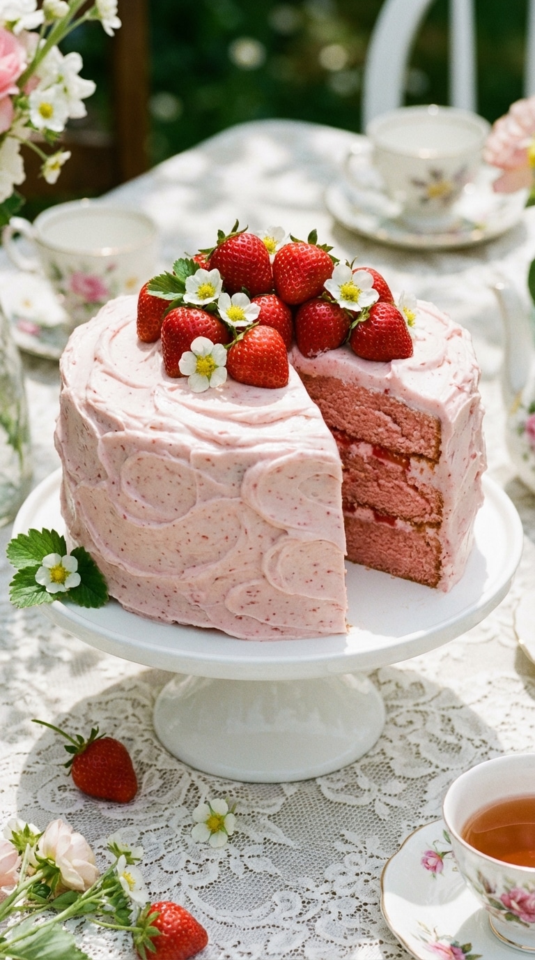 A whole three-layer pink strawberry cake with strawberry frosting, topped with fresh berries and flowers, with one slice cut out.