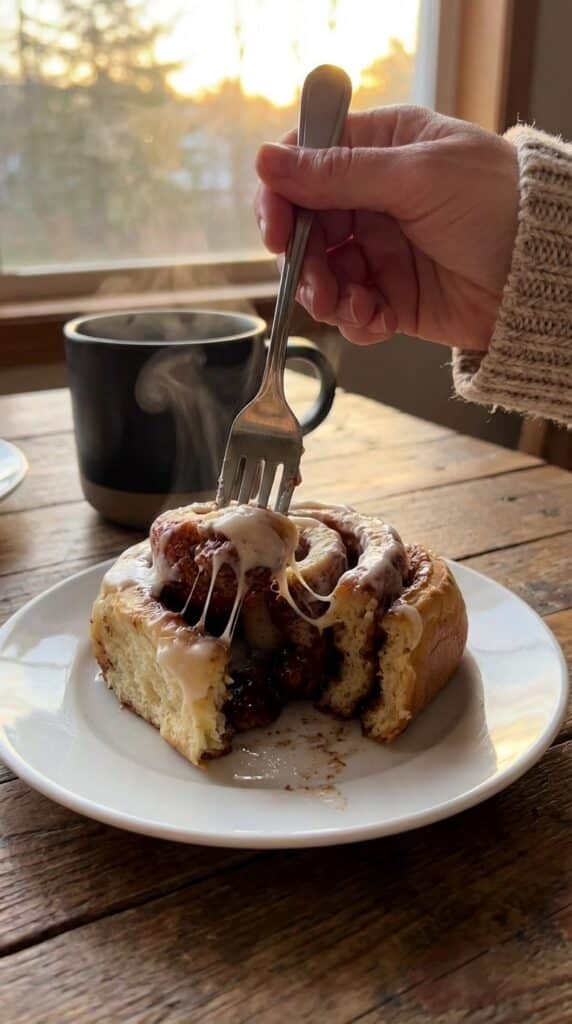 A close-up of a fork pulling apart a warm, gooey cinnamon roll covered in icing, with a coffee mug in the background.