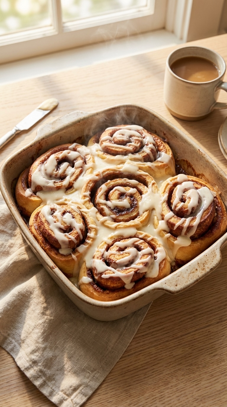 A top-down view of a baking dish filled with six golden cinnamon rolls covered in thick white frosting