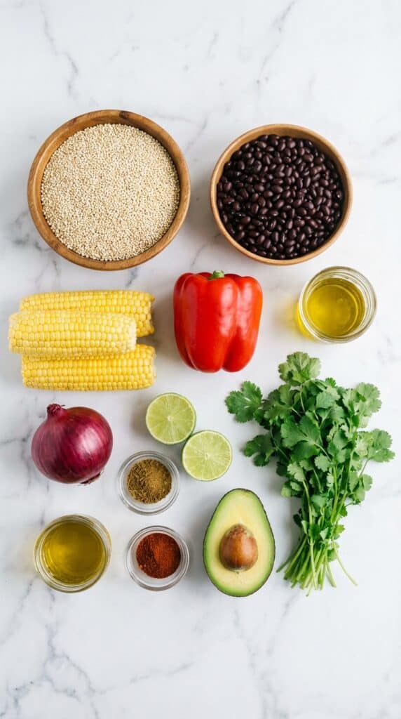 A flat lay showing dry quinoa, black beans, corn, red pepper, limes, avocado, and cilantro on a marble surface.