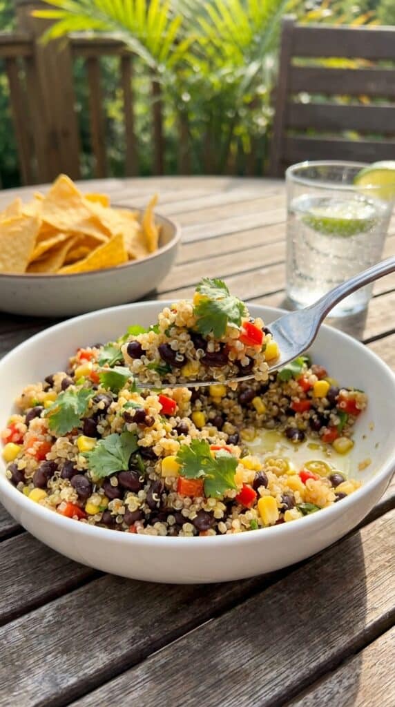 A close-up of a fork lifting a bite of colorful quinoa and black bean salad with tortilla chips in the background.