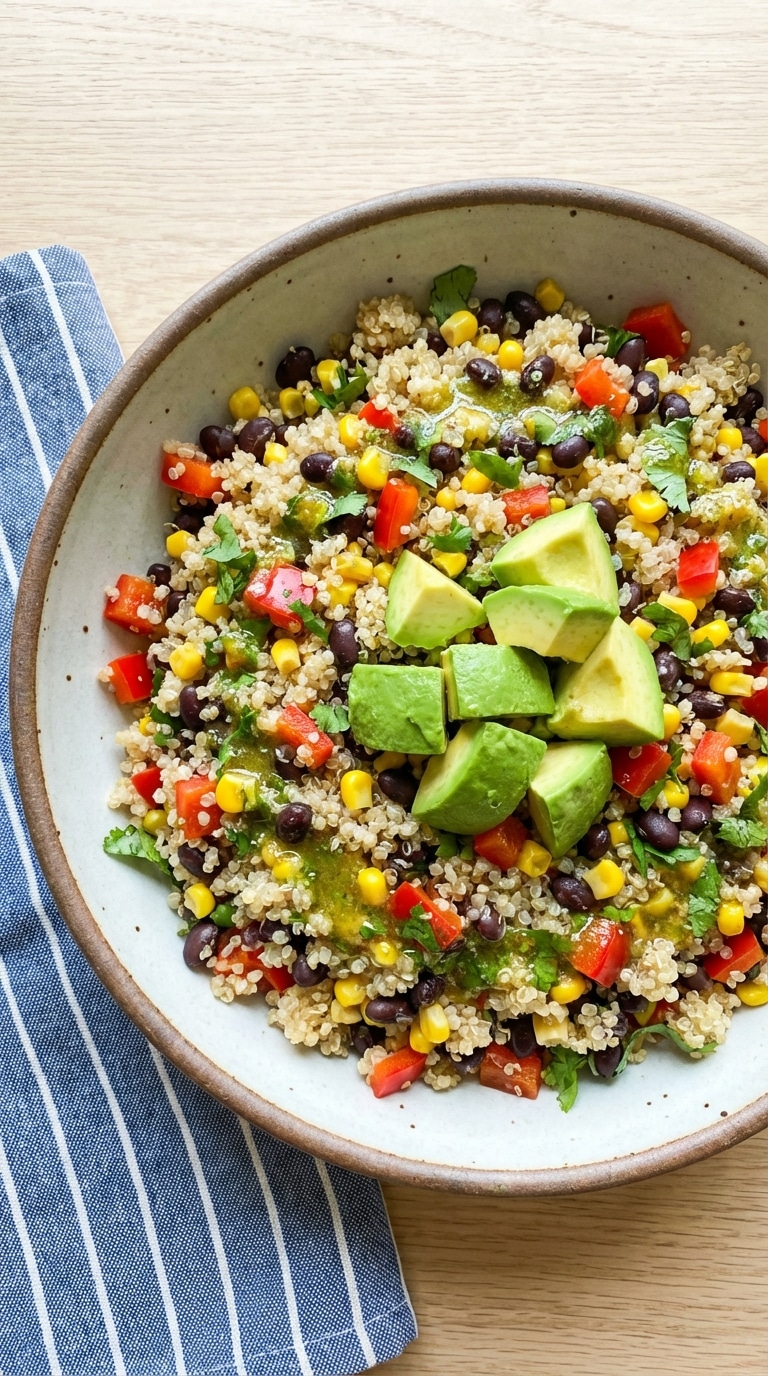 A top-down view of a large bowl filled with colorful quinoa, black beans, corn, red peppers, and avocado in a lime dressing.
