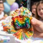 A close-up of a hand peeling the paper wrapper off a frosted chocolate hazelnut cupcake
